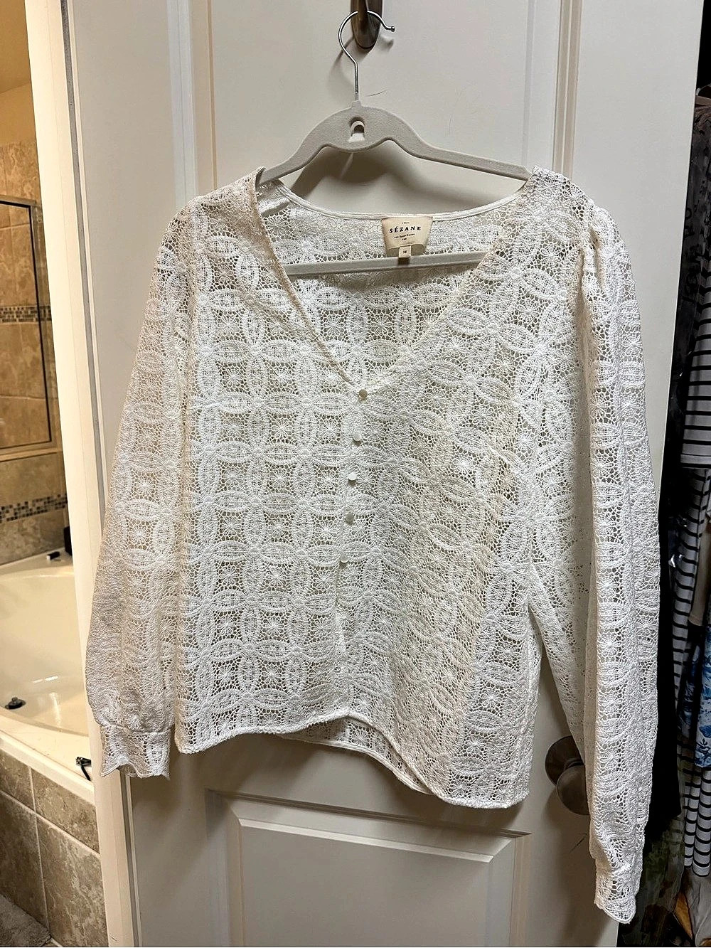 Sézane Long Sleeve Floral Lace Blouse in White Size 38 Like New